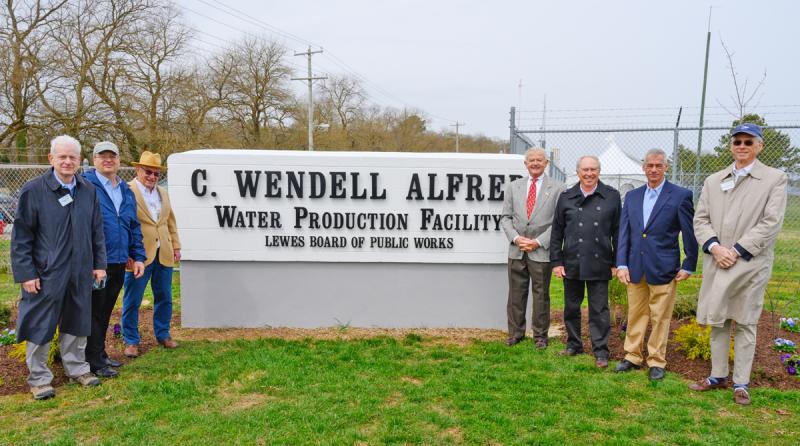 Celebrating the unveiling of the C. Wendell Alfred Water Production Facility are (l-r) A. Thomas Owen, BPW General Manager Darrin Gordon, Jack Lesher, C. Wendell Alfred, BPW President D. Preston Lee, Tom Panetta, and Robert Kennedy. BROOK HEDGE PHOTOS